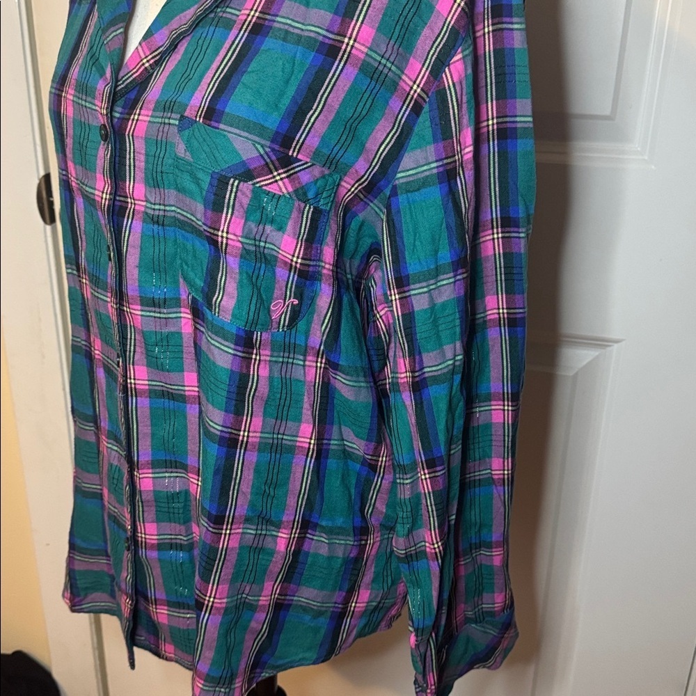NWT Victoria's Secret Pajama Top Women Sm Green Plaid Button Long Sleeve Sleep - Picture 2 of 6